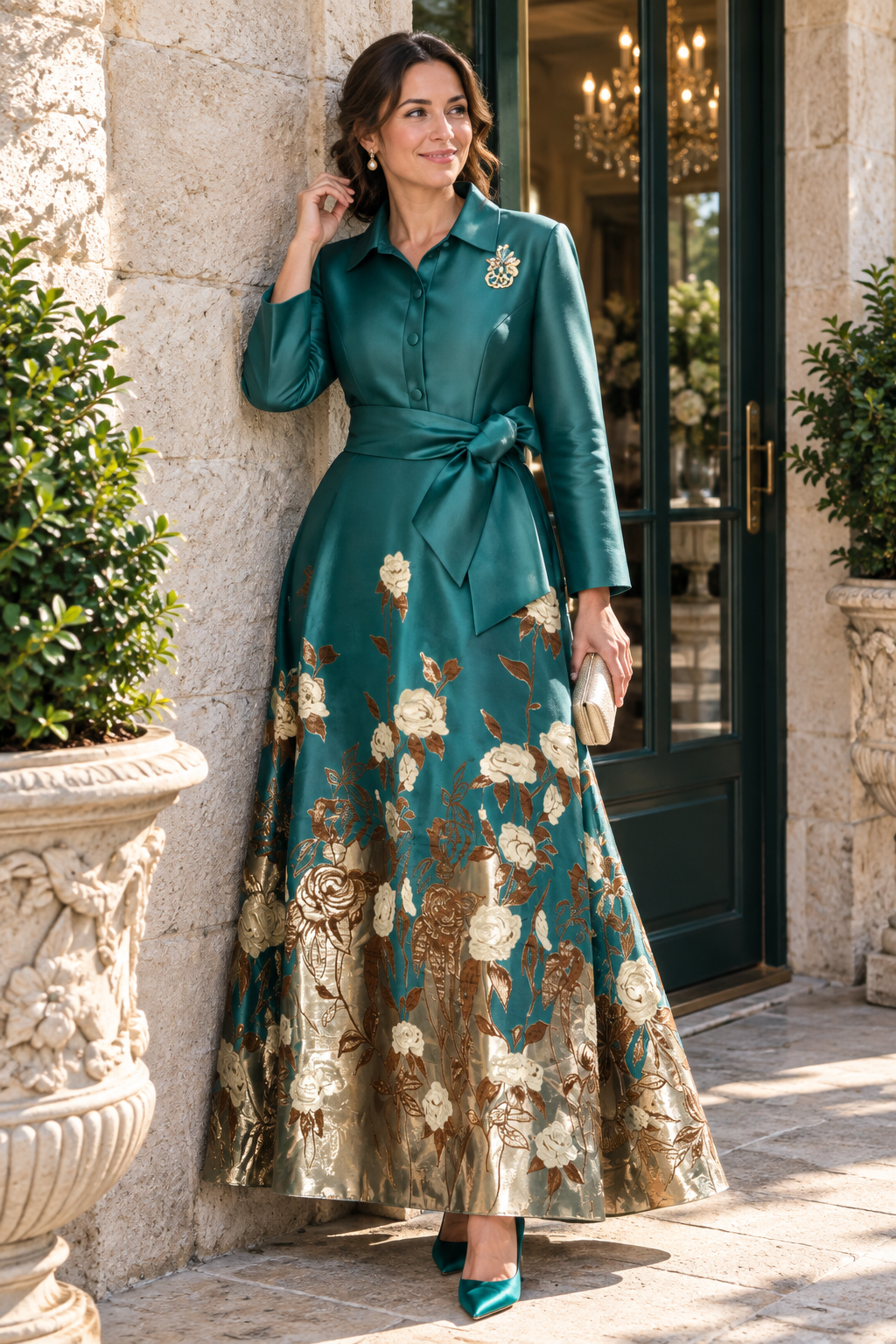 Floral Jacquard Long Sleeve Shirt Gown