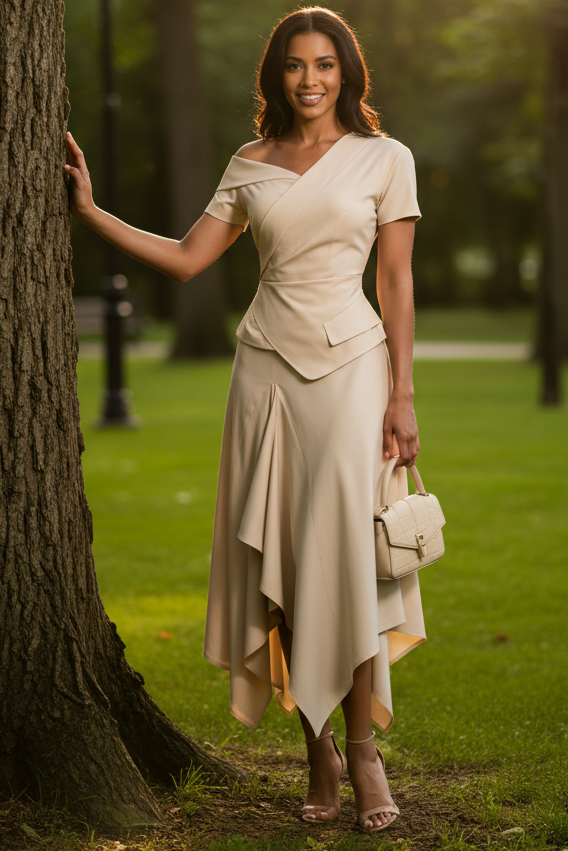 Asymmetrical Wrap Midi Dress with Draped Skirt