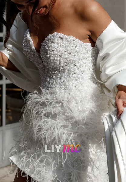 Strapless Pearl and Feather Mini Dress with Jacket