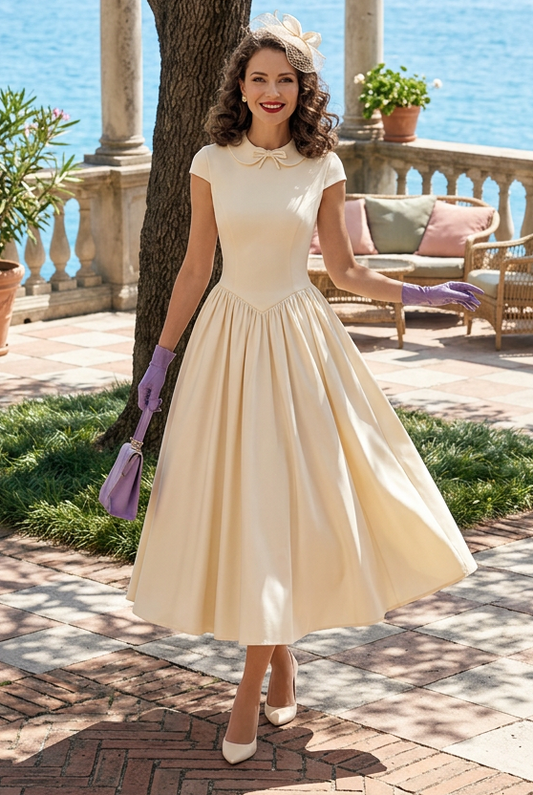 Collared Basqued Waist A-Line Tea-Length Dress