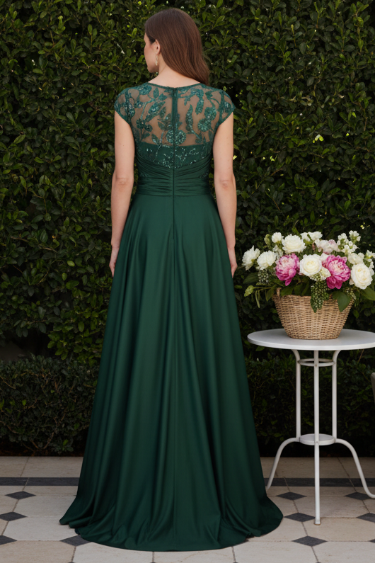 Illusion Cap Sleeve Evening Gown with Satin Overskirt