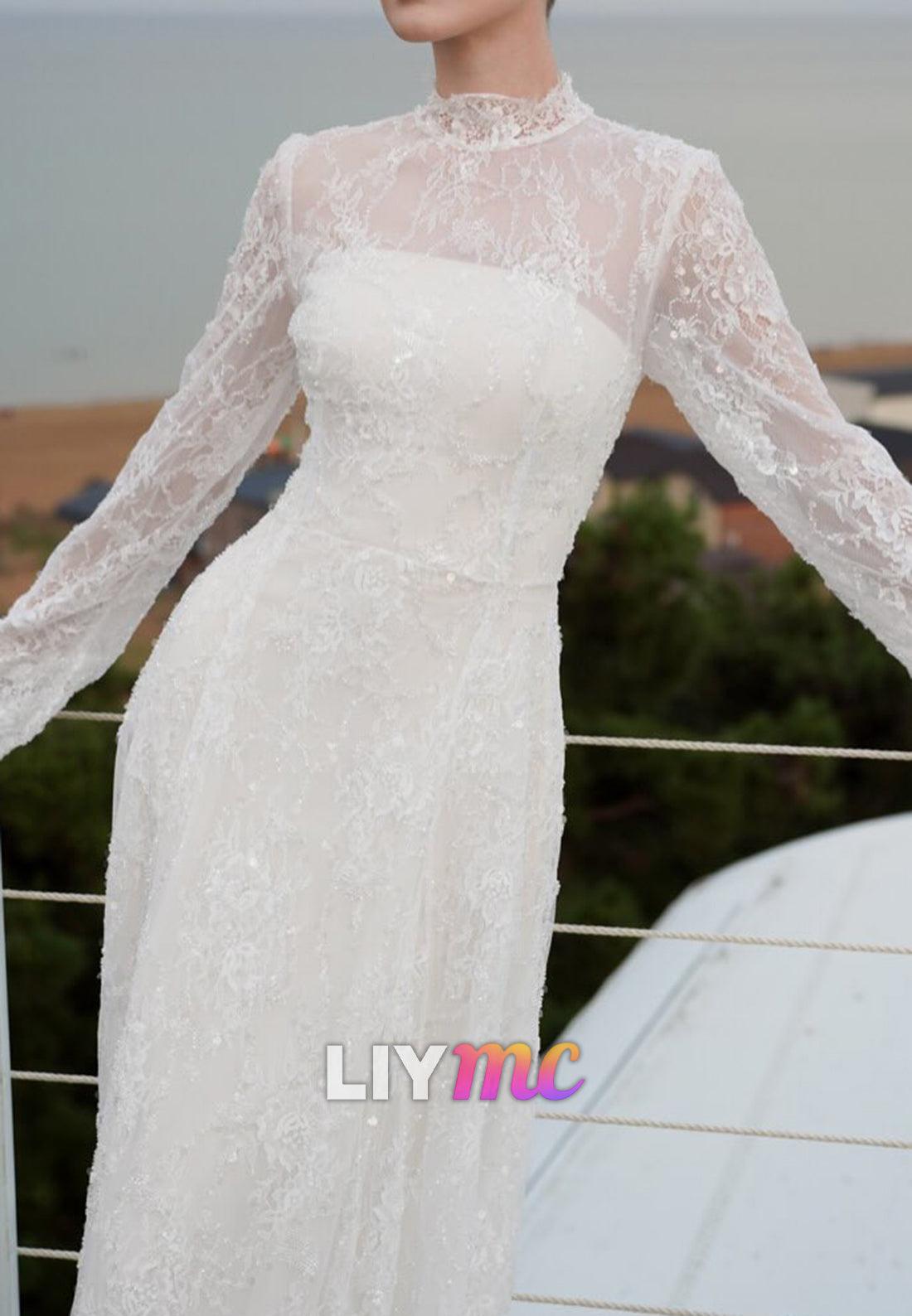 Illusion High Neck Lace Long Sleeve Wedding Dress