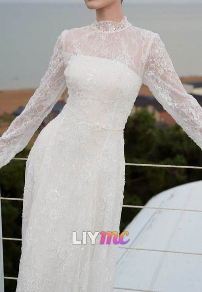 Illusion High Neck Lace Long Sleeve Wedding Dress
