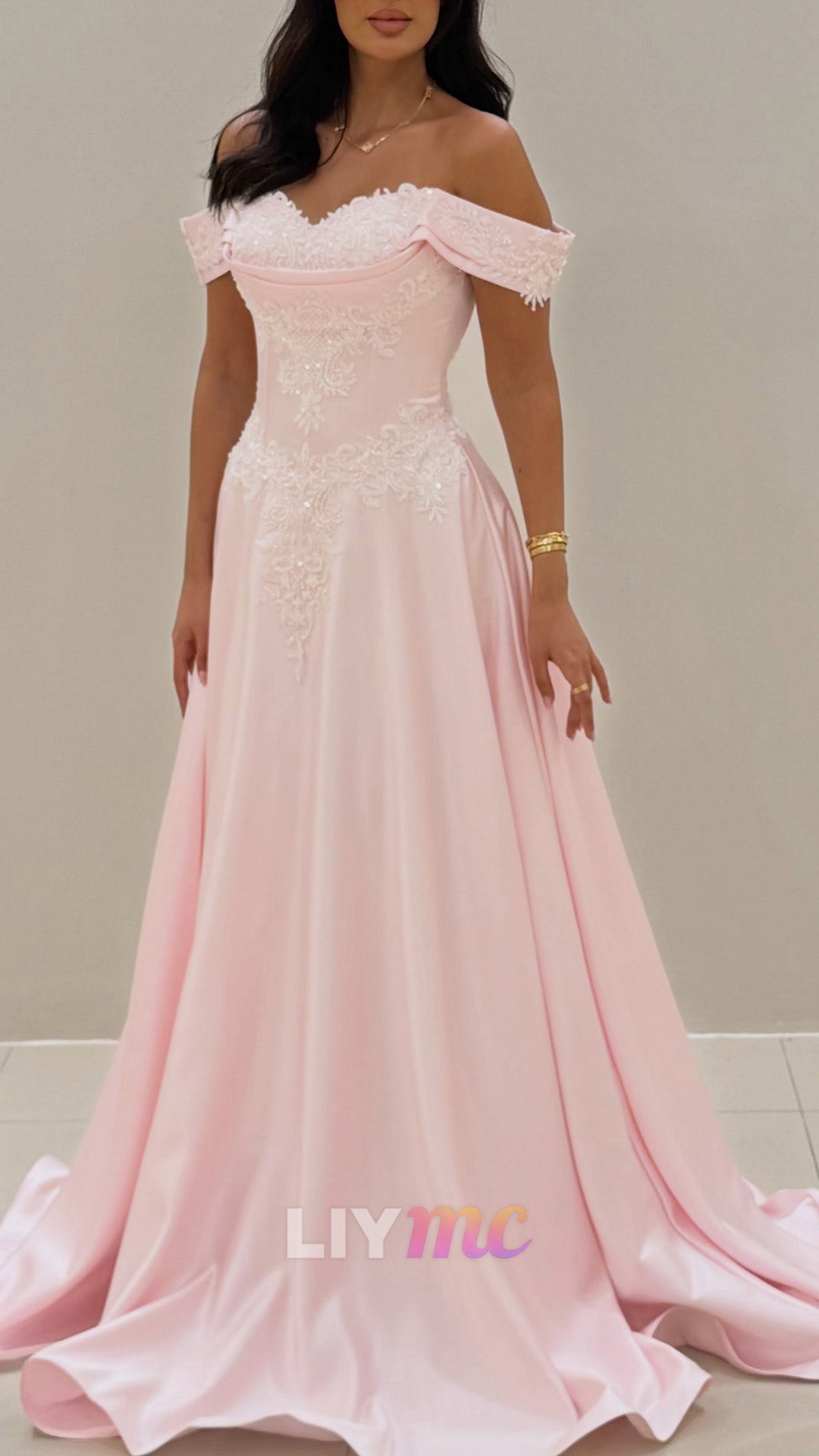 Off-the-Shoulder Lace Applique A-Line Gown