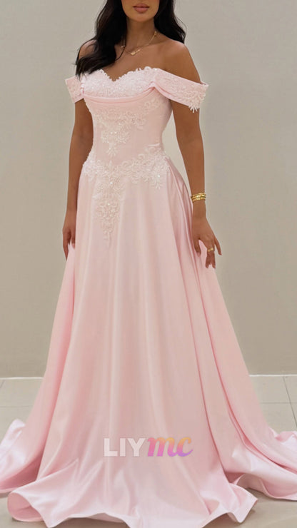 Off-the-Shoulder Lace Applique A-Line Gown