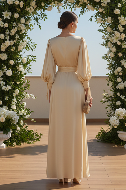 Bateau Neck Satin Maxi Dress with Long Balloon Sleeves