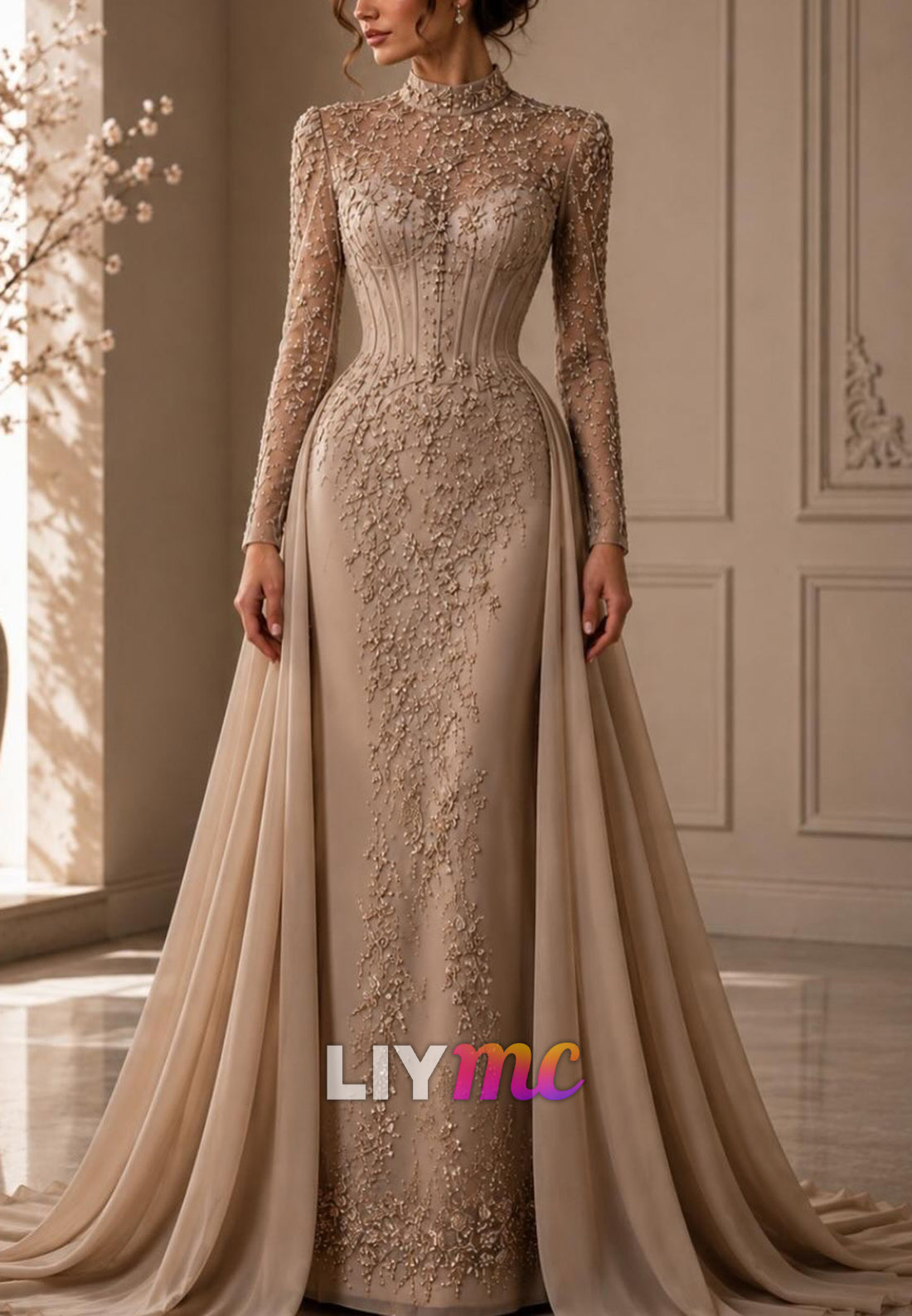 Beaded High Neck Sheath Gown with Detachable Overskirt