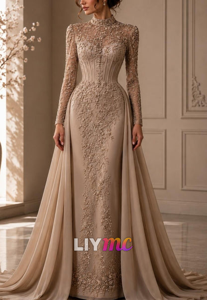 Beaded High Neck Sheath Gown with Detachable Overskirt