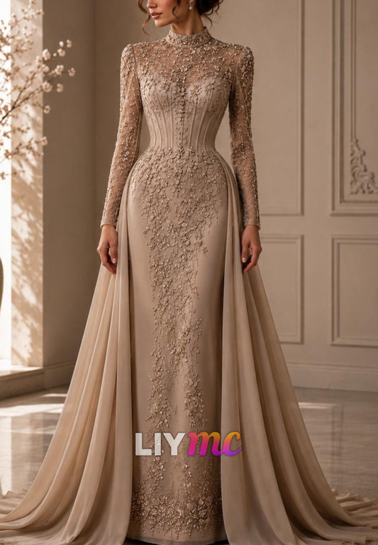 Beaded High Neck Sheath Gown with Detachable Overskirt