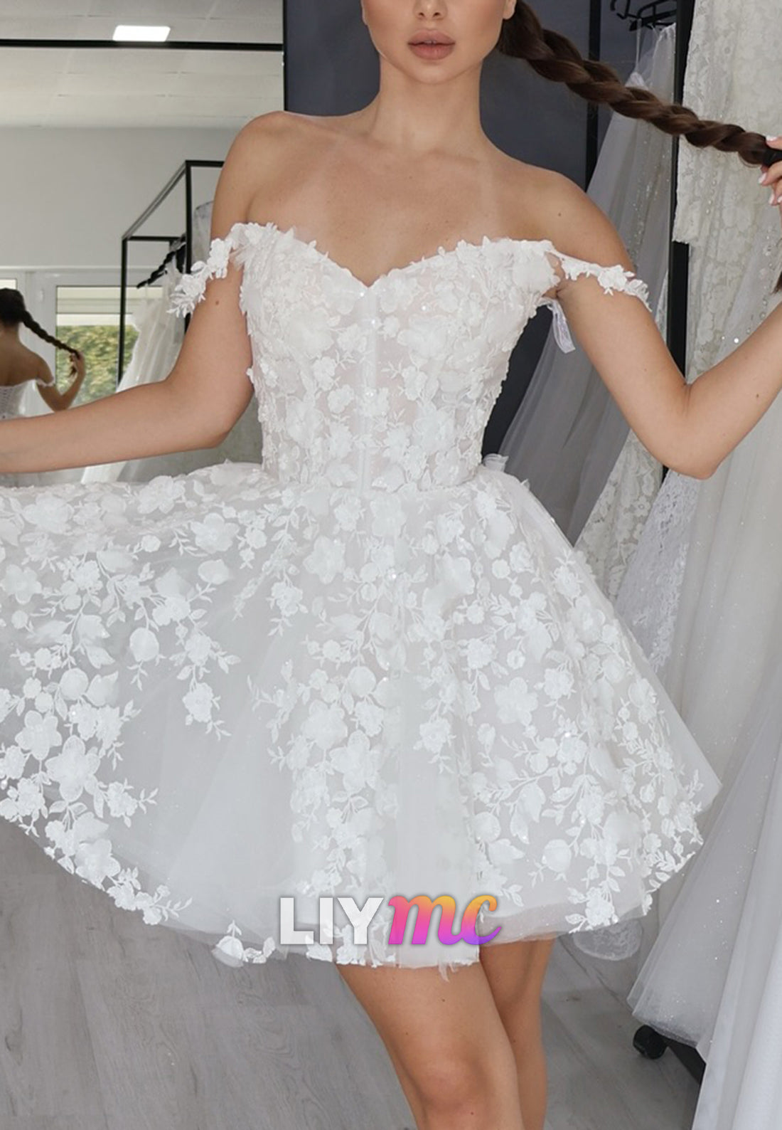 Off-Shoulder Mini Wedding Dress with 3D Floral Appliques