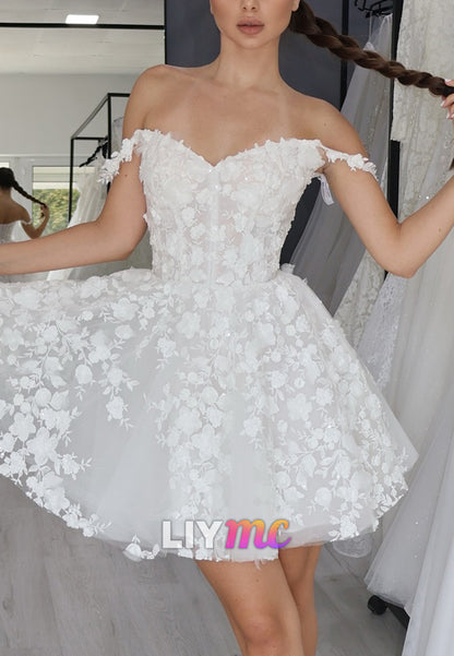 Off-Shoulder Mini Wedding Dress with 3D Floral Appliques