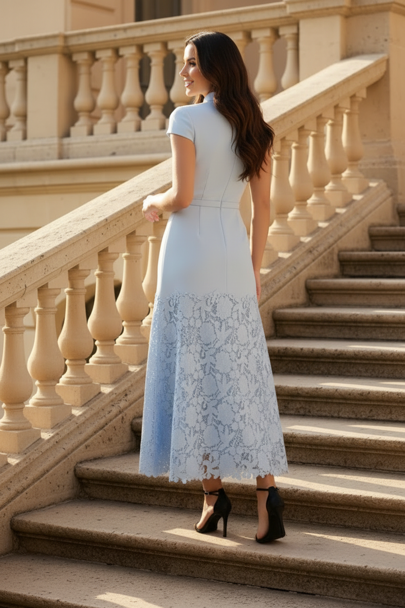 Cap-Sleeve Fit-and-Flare Dress with Floral Lace Hem