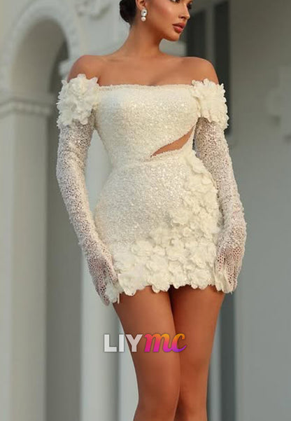 Off-Shoulder Sequin Mini Dress with 3D Floral Appliques