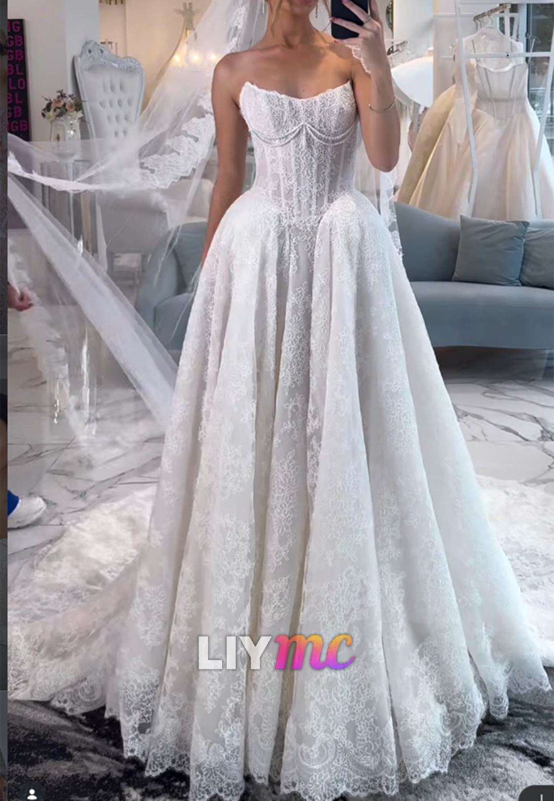Strapless Lace Corset A-Line Wedding Dress with Pearls