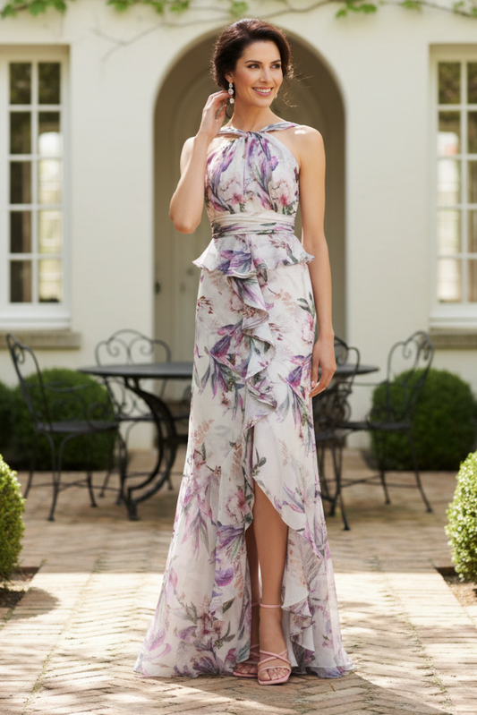 Floral Chiffon Halter Mermaid Gown with Cascading Ruffles