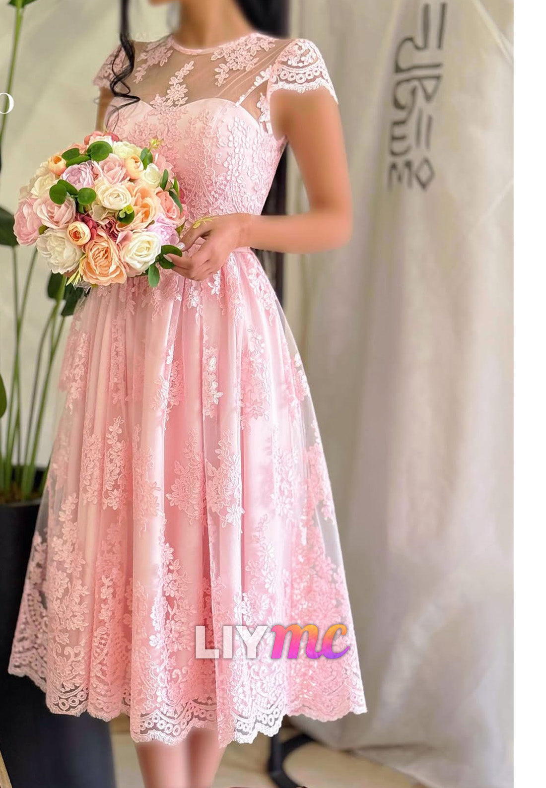 Lace Illusion Cap-Sleeve Tea-Length A-Line Dress