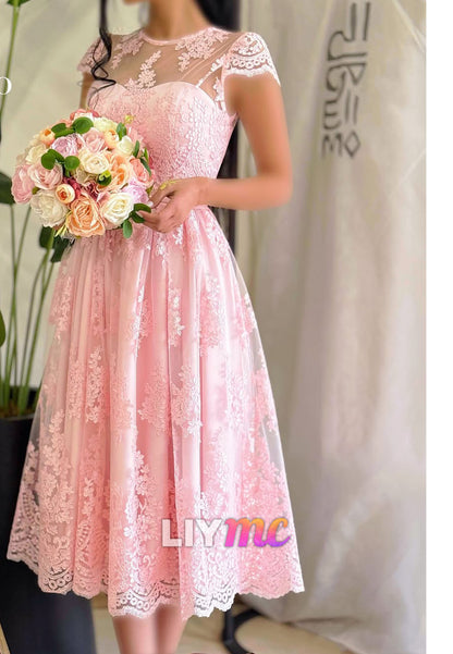 Lace Illusion Cap-Sleeve Tea-Length A-Line Dress