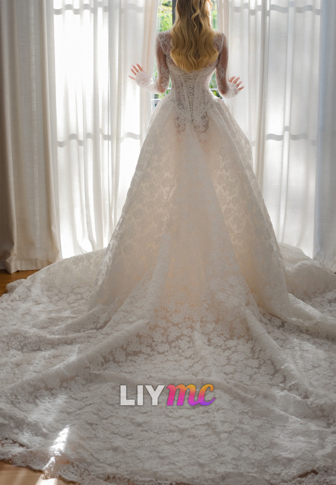 Long Sleeve Lace Ball Gown with Corset Back & Train