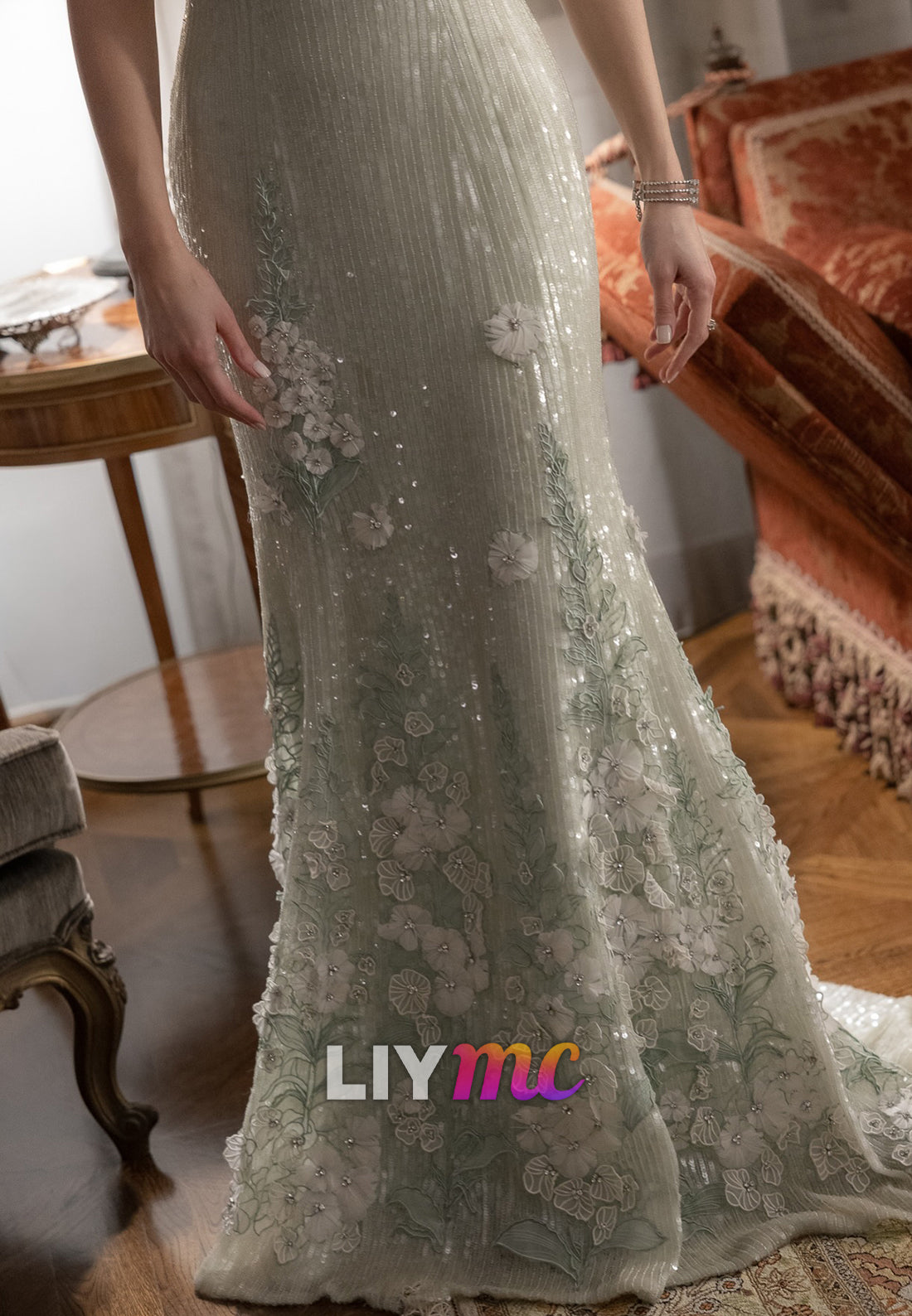 Sequin Mermaid Gown with 3D Floral Appliques