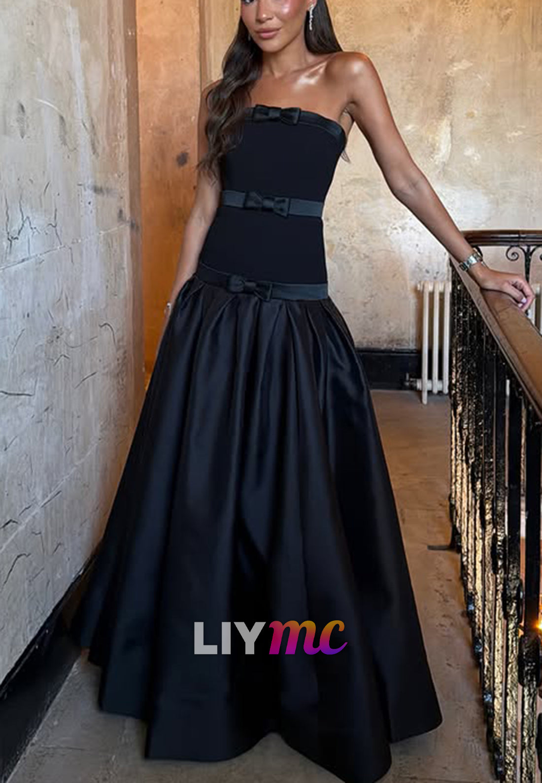 Strapless Bow-Accented Drop Waist Ball Gown