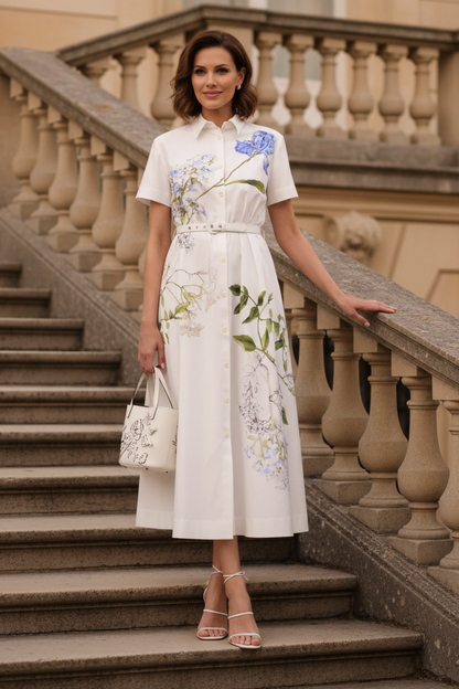 Floral Print Short Sleeve Midi Shirt Dress