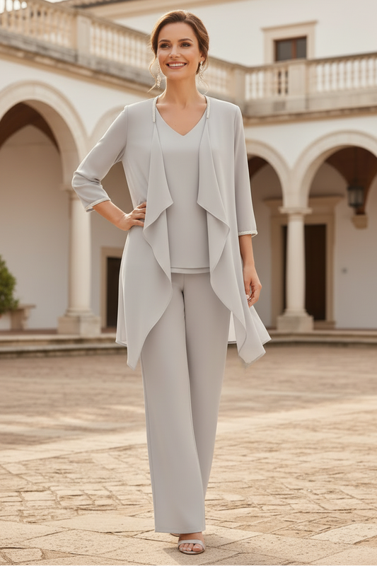 Elegant Three-Piece Pantsuit with Draped Jacket