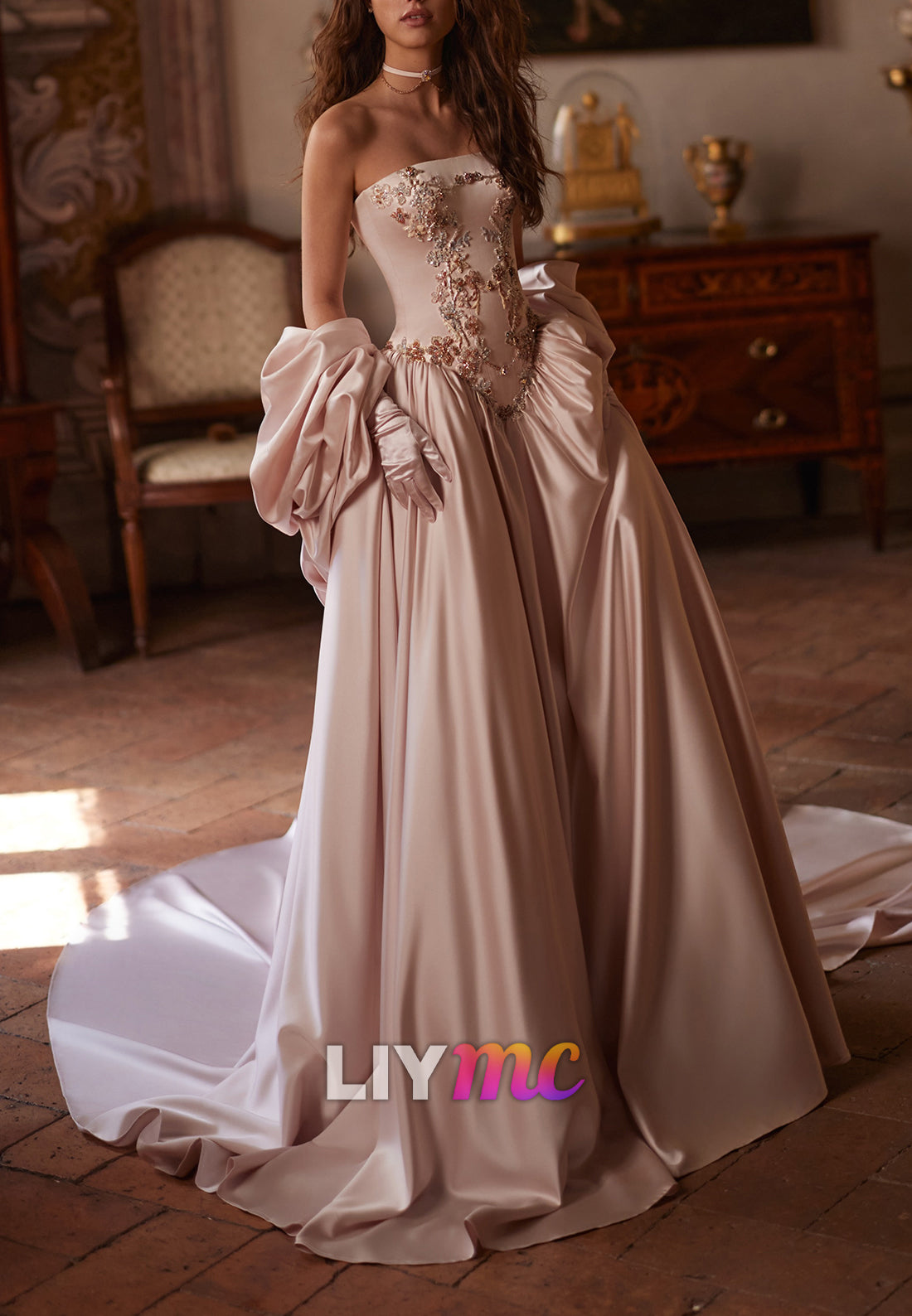 Strapless Beaded Satin Ball Gown with Draped Gloves