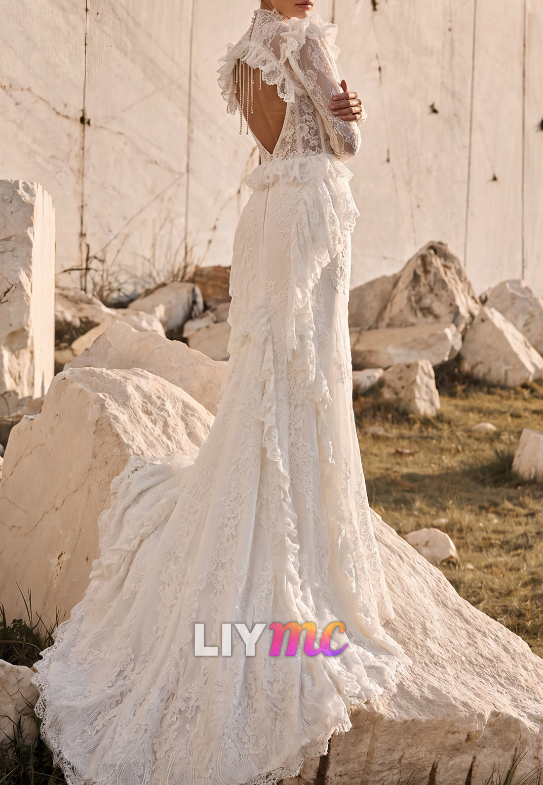 Long Sleeve Lace Mermaid Wedding Dress with Open Back