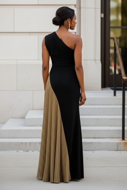 One Shoulder Color Block Maxi Evening Gown