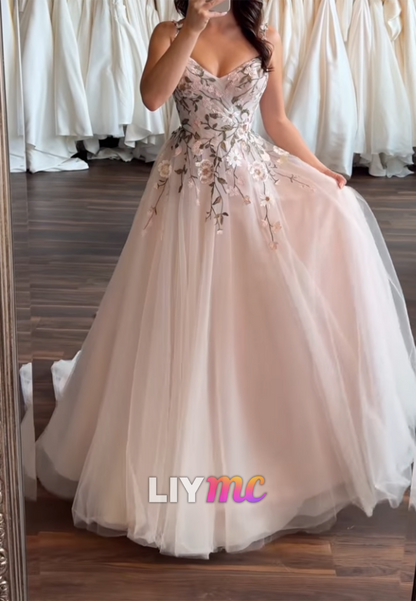 Floral Embroidered A-Line Tulle Wedding Dress