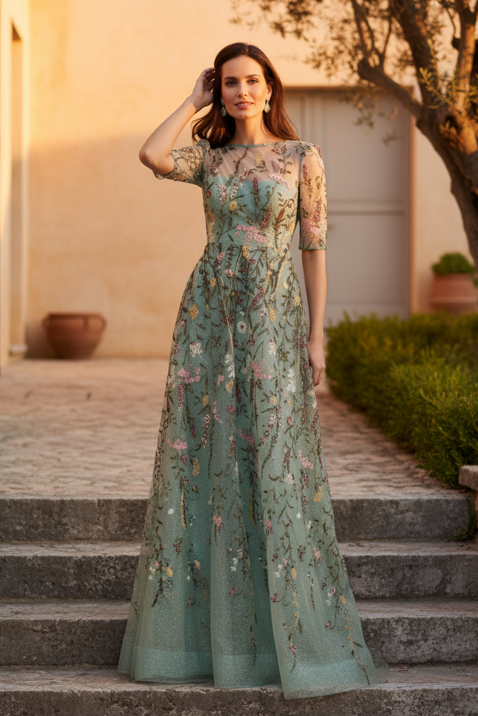 Floral Embroidered Illusion Neckline Evening Gown