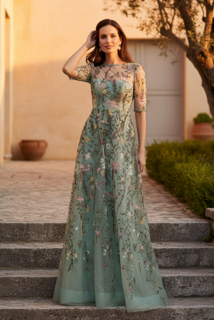 Floral Embroidered Illusion Neckline Evening Gown