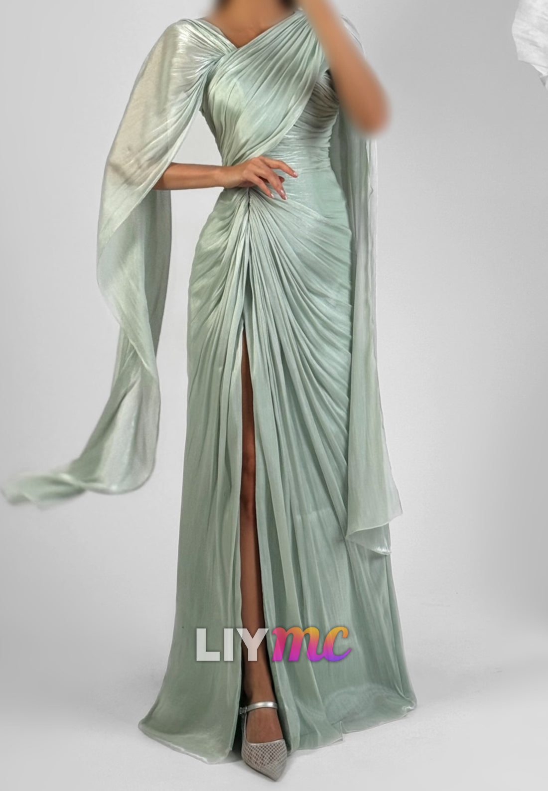 One-Shoulder Pleated Metallic Evening Gown with Cape