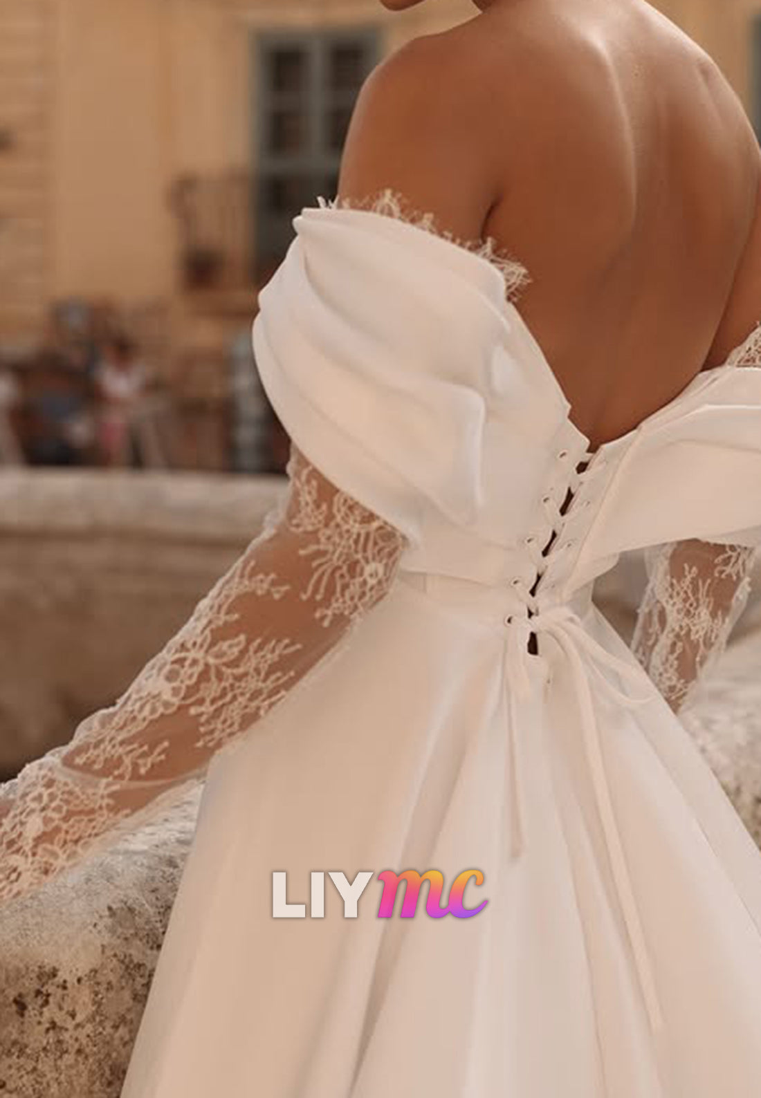 Off-the-Shoulder Lace Inset Slit Wedding Dress