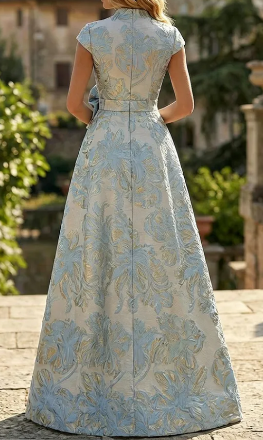 Jacquard Column Gown with Detachable Overskirt