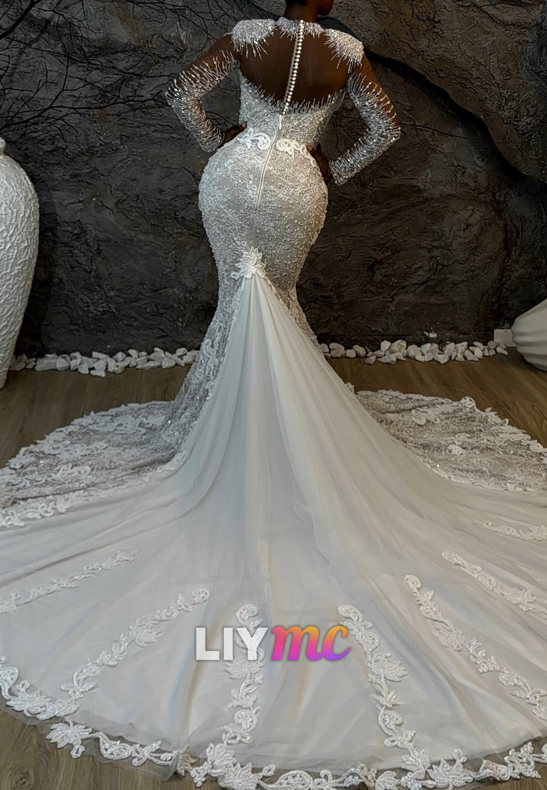 Beaded Illusion Mermaid Wedding Dress with Cathedral Train