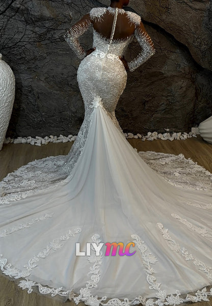 Beaded Illusion Mermaid Wedding Dress with Cathedral Train
