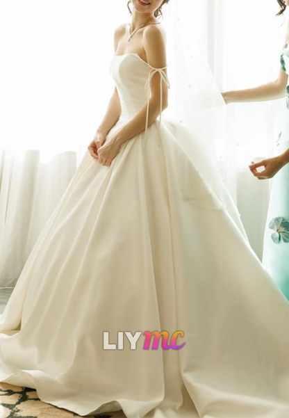 Satin Ball Gown Wedding Dress with Tie Straps