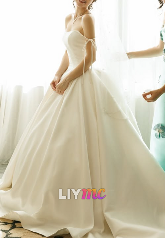 Satin Ball Gown Wedding Dress with Tie Straps