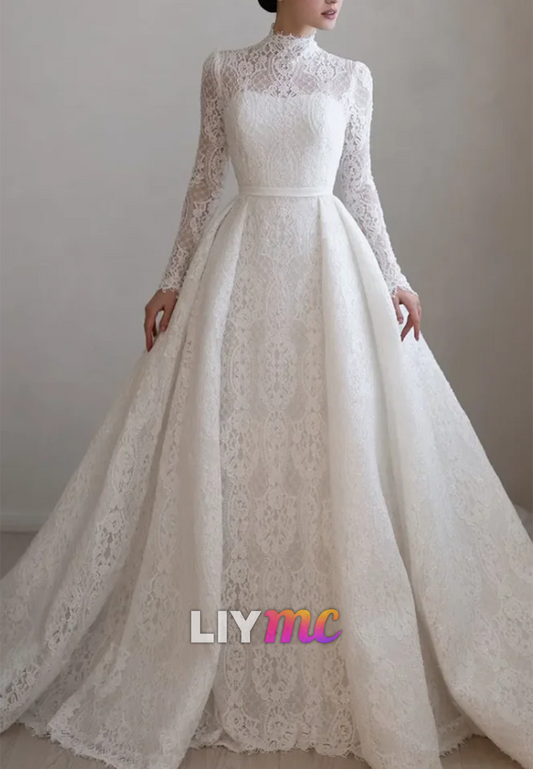High Neck Lace Long Sleeve A-Line Wedding Dress