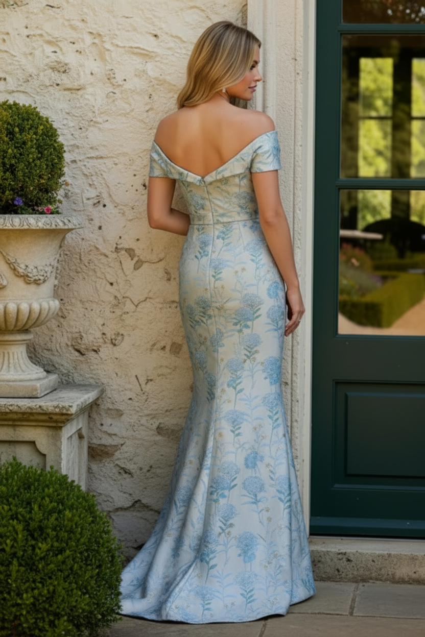Floral Jacquard Off-the-Shoulder Evening Gown