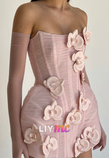 Strapless Corset Mini Dress with 3D Flower Appliques