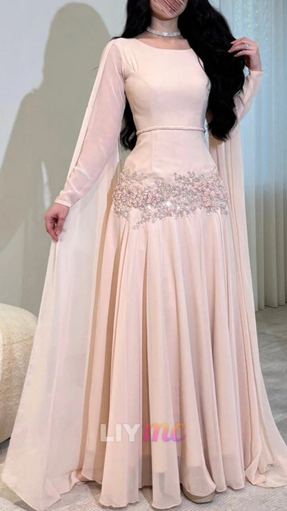 Embroidered Cape-Sleeve Gown with Lace-Up Back