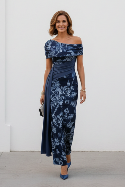 Floral Asymmetrical Neckline Maxi Dress with Drape