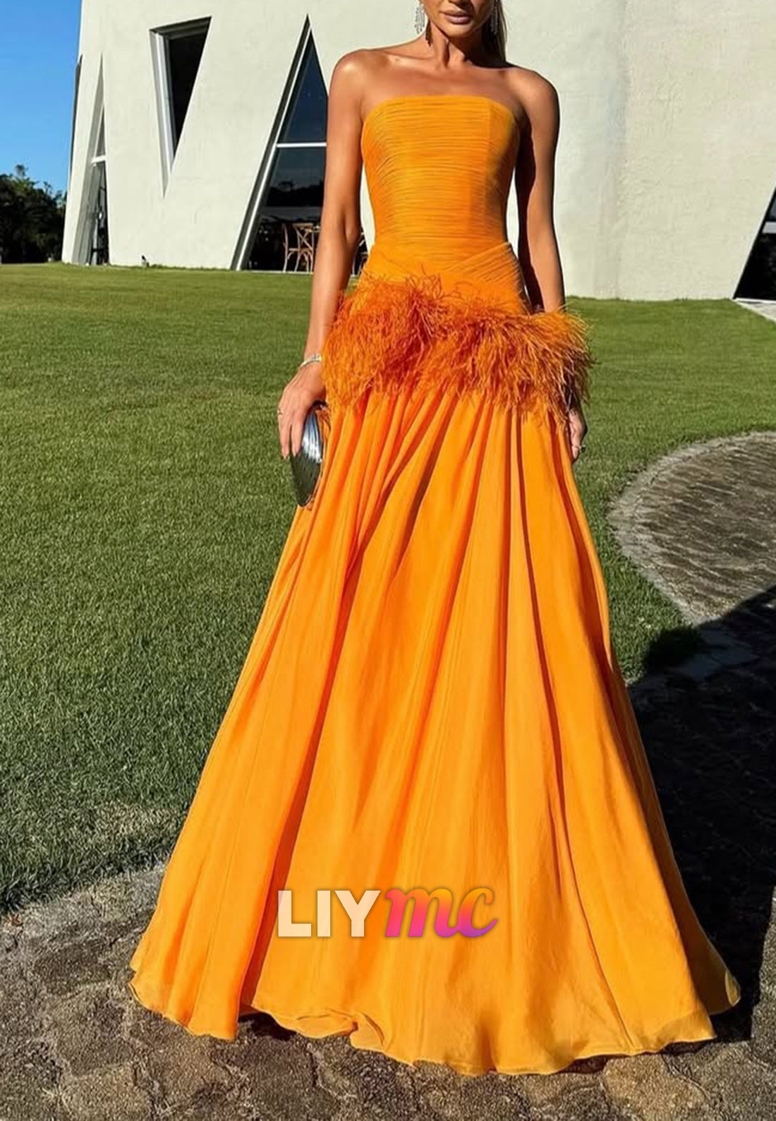 Strapless Ruched Feather Trim Evening Gown