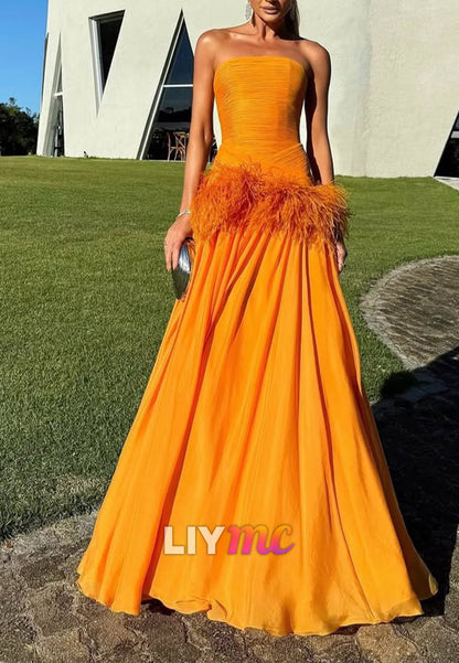 Strapless Ruched Feather Trim Evening Gown