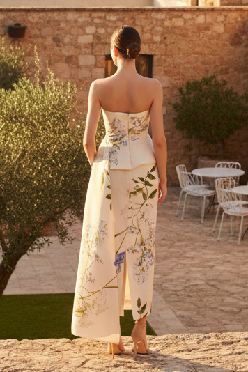 Strapless Floral Print Column Dress with Draped Overskirt
