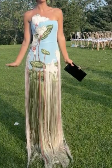Strapless Column Gown with Floral Embroidery & Fringe