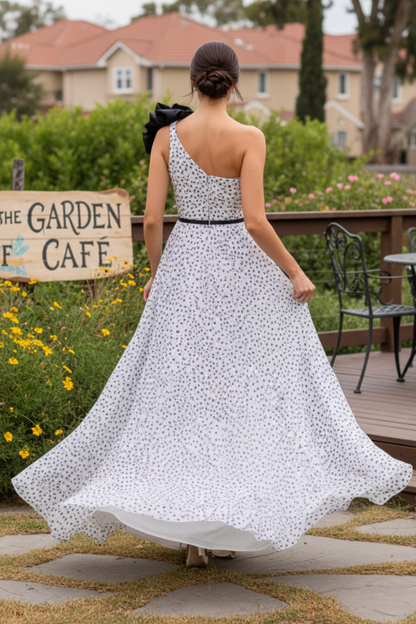One-Shoulder Polka Dot Evening Gown