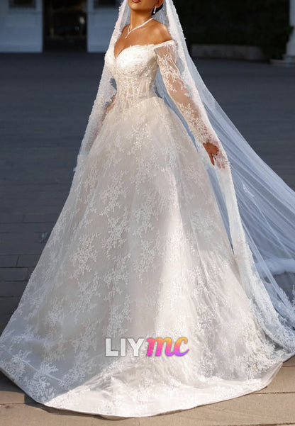Off-the-Shoulder Lace Ball Gown Wedding Dress